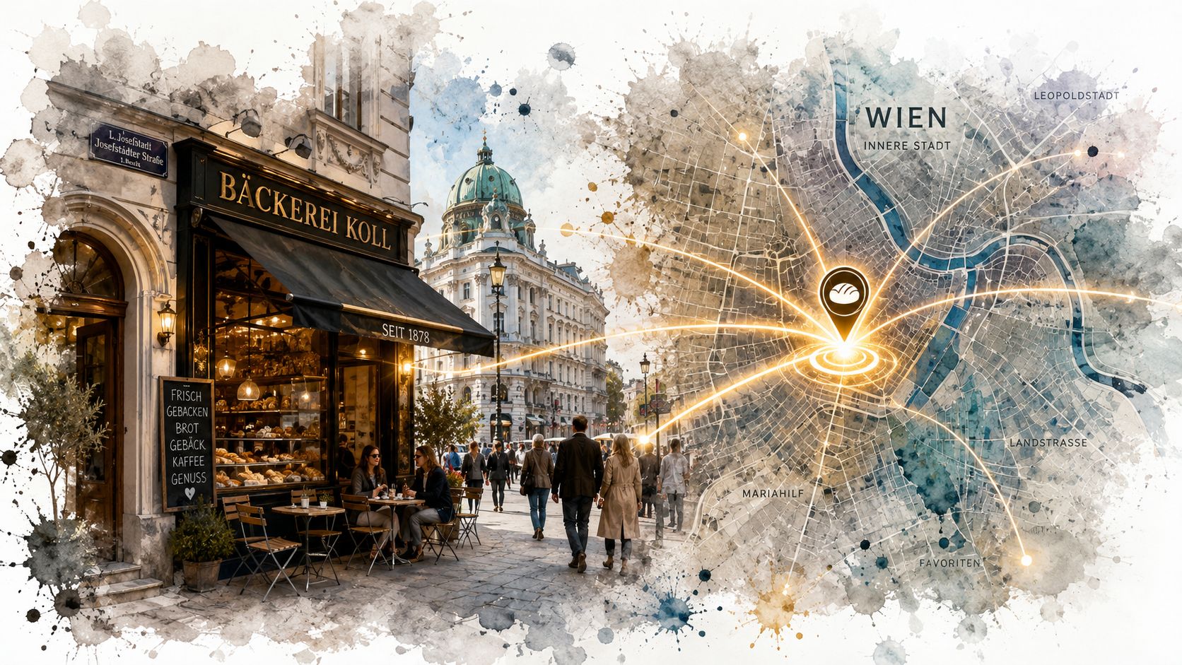 Eine malerische Bäckerei in Wien mit einer grafischen Darstellung des Stadtgebiets und Verbindungen auf einer Karte.