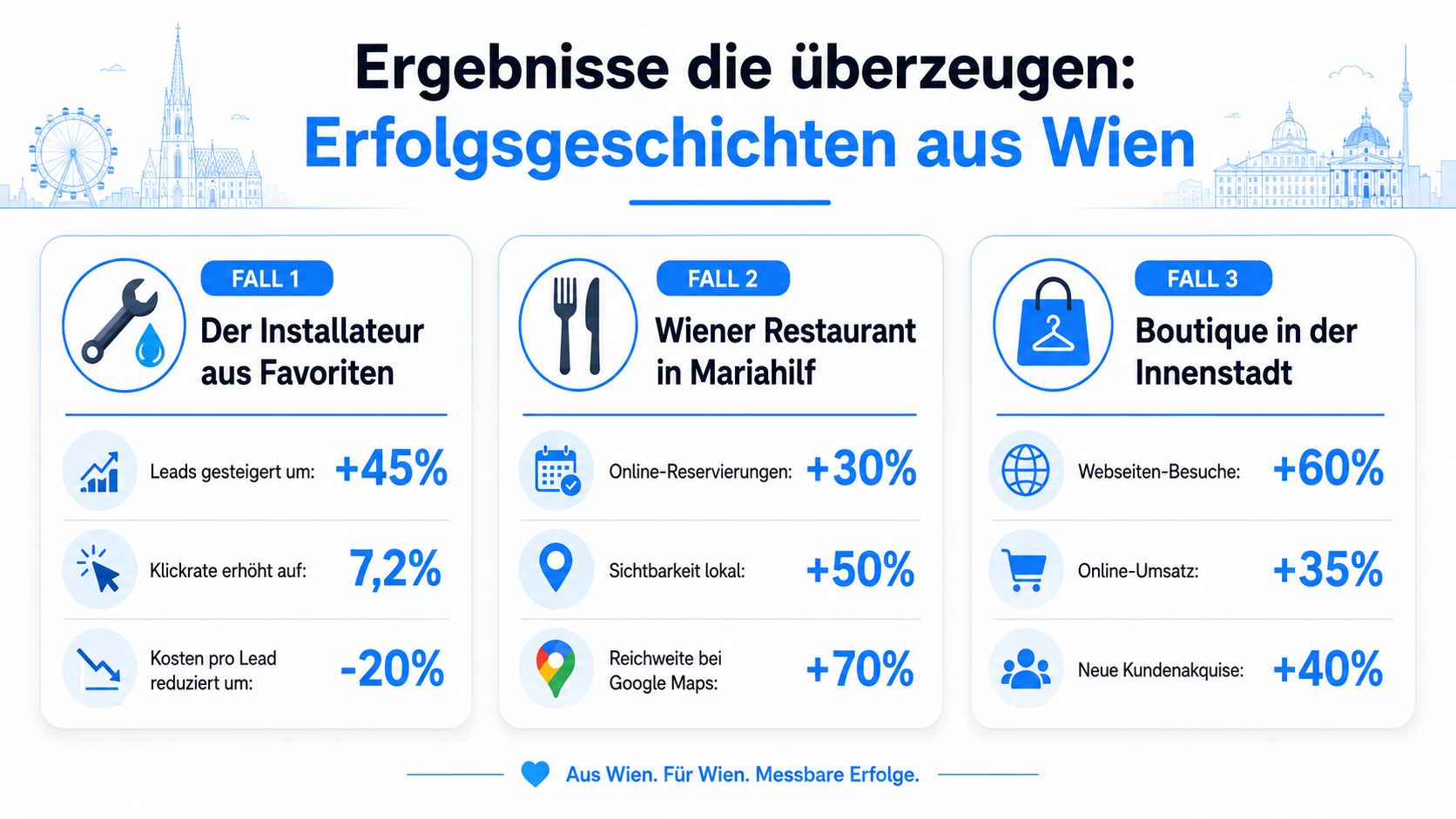 Eine Infografik über Erfolgsgeschichten von Google Ads Kampagnen für Wiener Unternehmen mit konkreten Leistungssteigerungen.