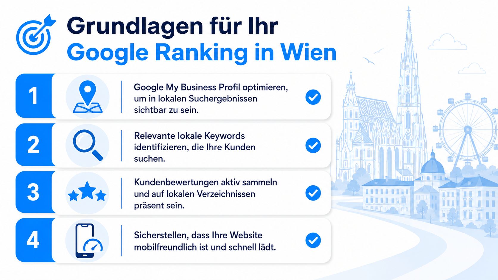 Eine Infografik mit vier Schritten zur Verbesserung des Google-Rankings für Unternehmen in Wien.