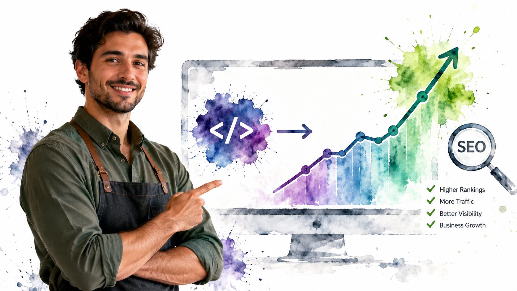 Ein lächelnder Mann in einer Schürze deutet auf eine digitale Grafik zur SEO-Optimierung und zum geschäftlichen Wachstum.