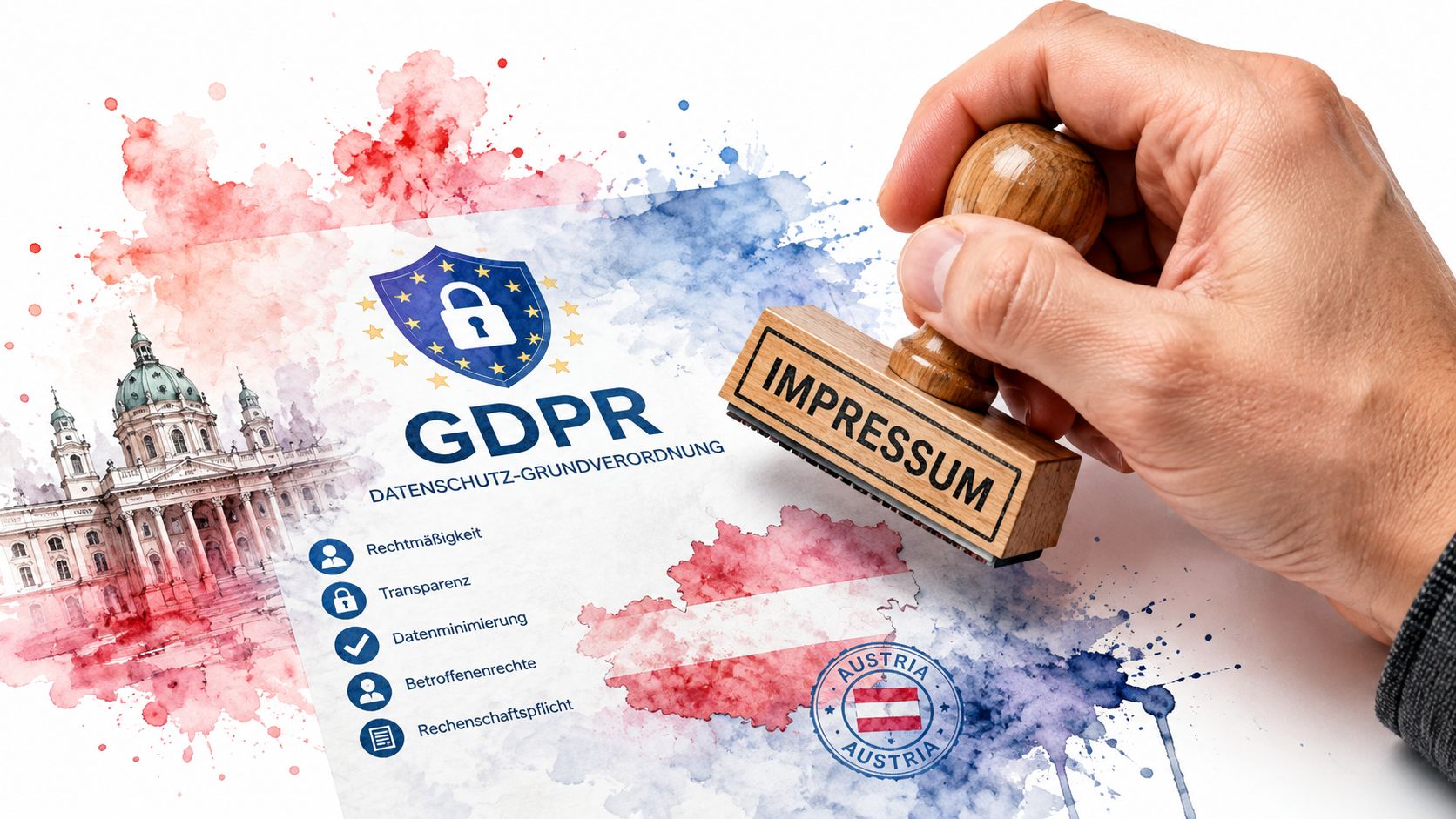 Eine Hand stempelt ein Dokument mit dem Wort Impressum zur EU-Datenschutz-Grundverordnung in Österreich.