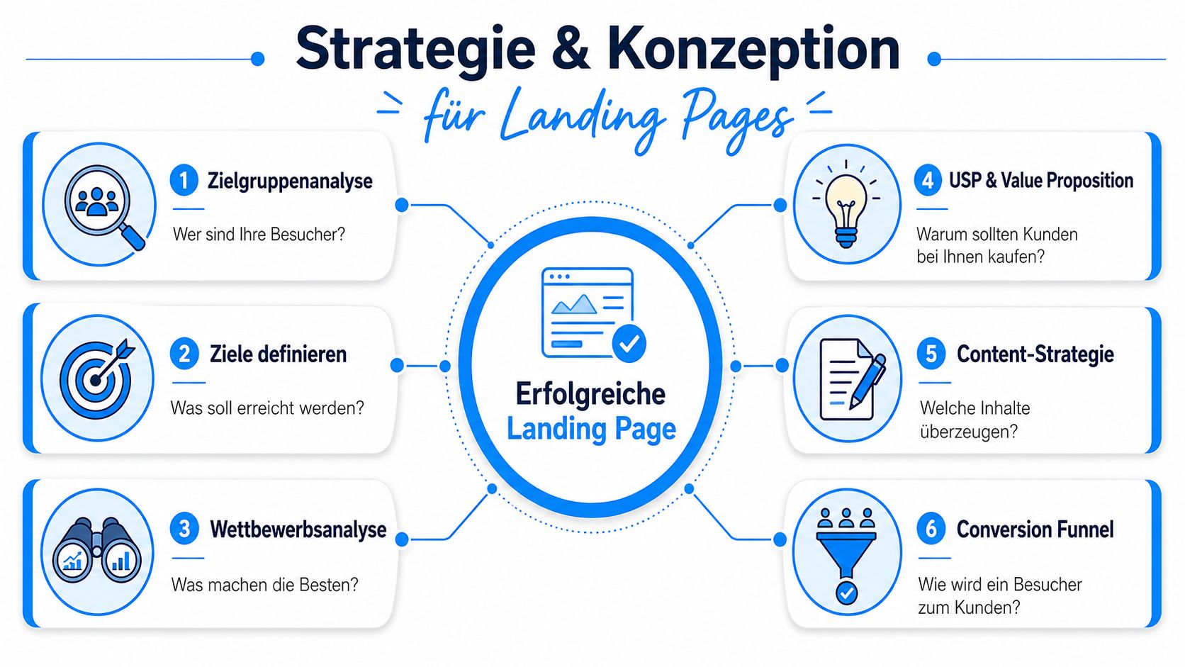 Eine Infografik zur Strategie und Konzeption erfolgreicher Landing Pages mit sechs zentralen Schritten für Marketing.