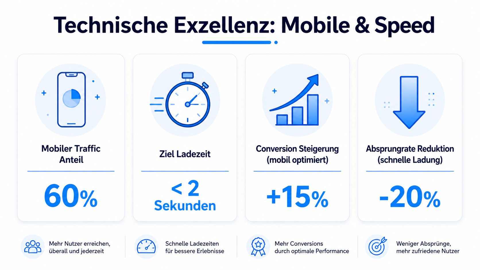 Infografik zur technischen Exzellenz von Landingpages mit Fokus auf mobiler Optimierung, Ladezeiten, Conversion-Steigerung und Reduzierung der Absprungrate.