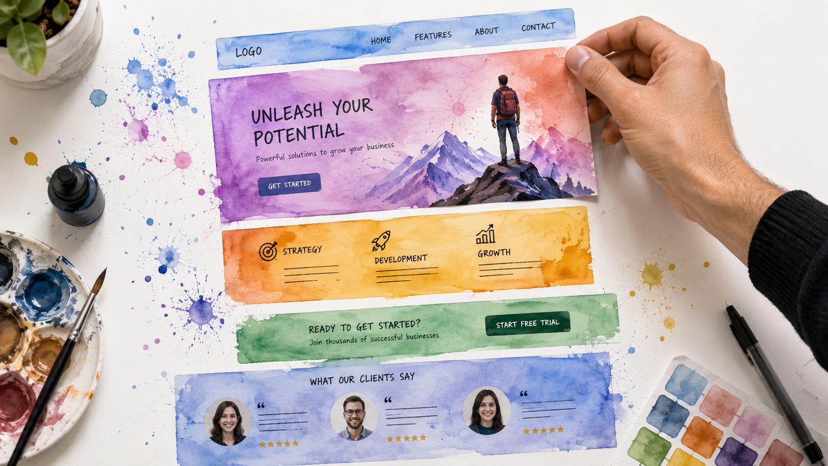 Ein handgemaltes Aquarell-Design für eine Landingpage mit verschiedenen Layout-Elementen und kreativen grafischen Illustrationen auf Papier.