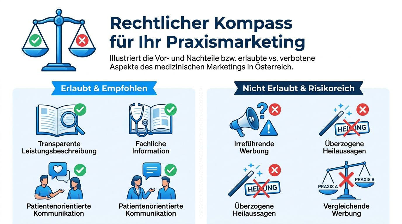 Ein grafischer Kompass zur Veranschaulichung der Regeln für das medizinische Marketing und Praxiswerbung in Österreich.