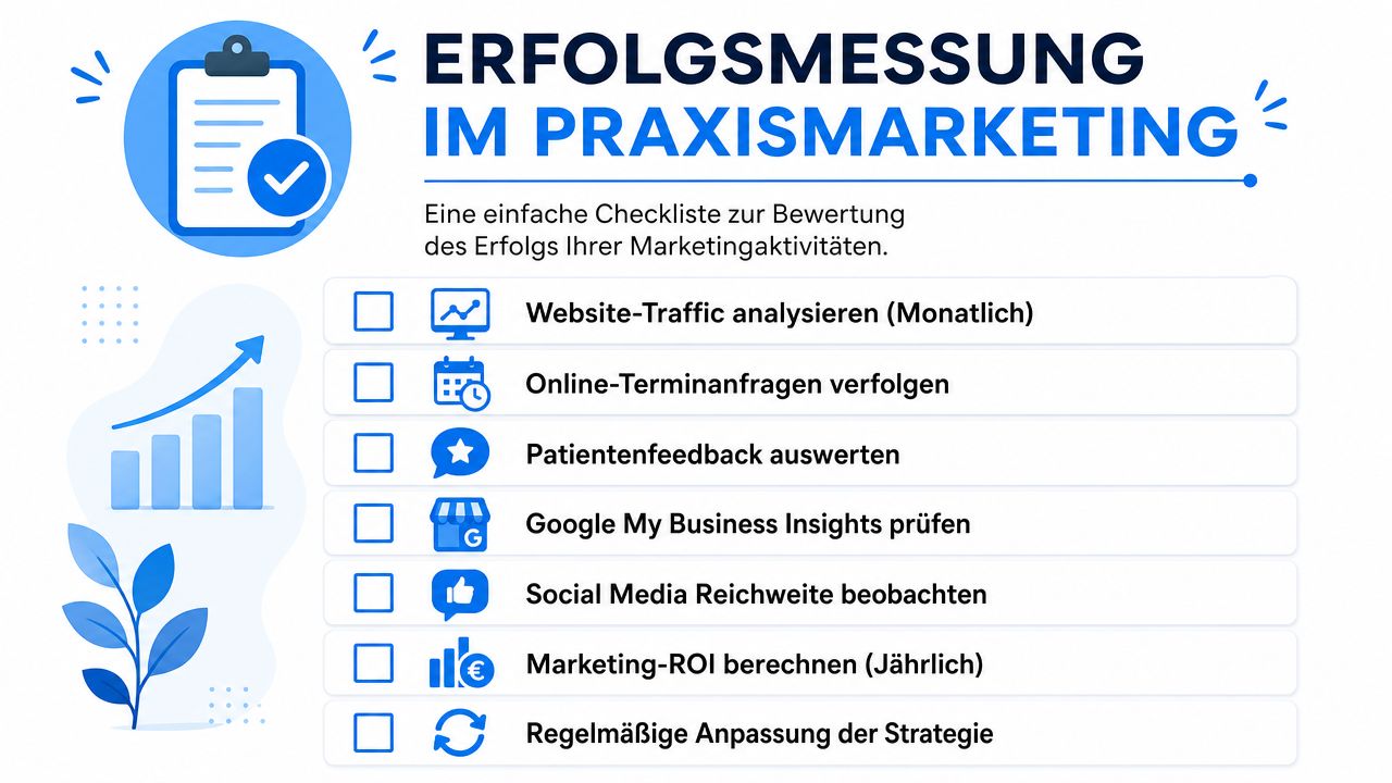 Eine Checkliste zur Erfolgsmessung im Praxismarketing für Ärzte mit verschiedenen Analyseschritten zur Überprüfung der Marketingaktivitäten.