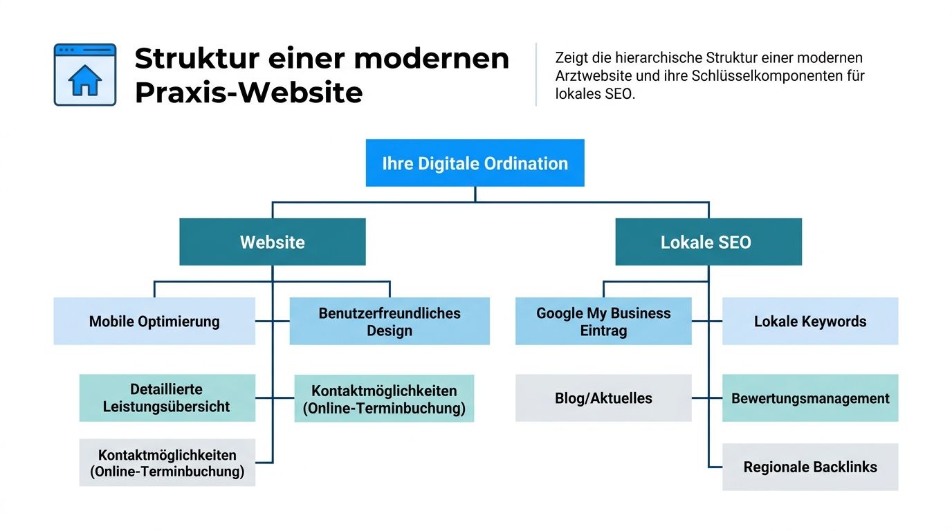 Grafische Darstellung der Struktur einer modernen Arztpraxis-Website mit Fokus auf Webdesign und lokaler Suchmaschinenoptimierung für Patienten.