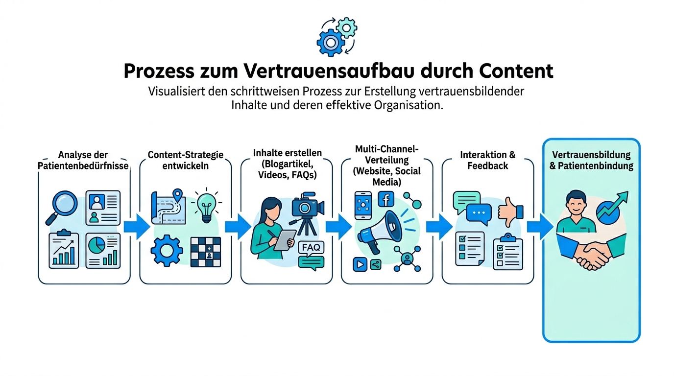 Grafik zum Prozess des Vertrauensaufbaus durch strategische Content-Erstellung und Patientenbindung im digitalen Marketing für medizinische Praxen.