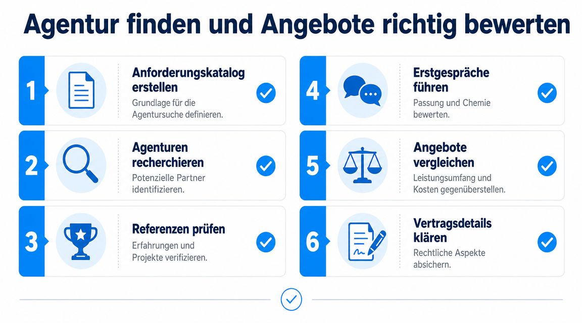 Sechs Schritte zur erfolgreichen Auswahl und Bewertung einer professionellen Agentur für Online-Shop-Projekte dargestellt in einer Grafik.