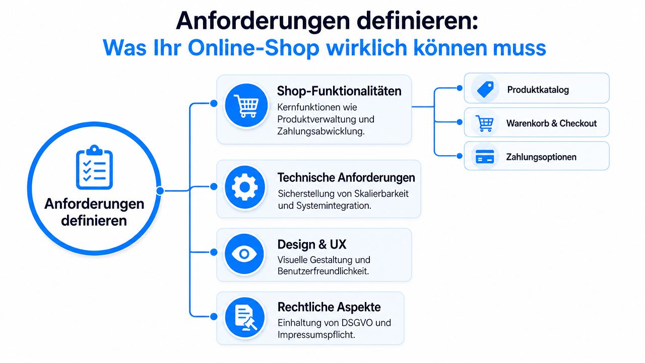Grafik zur Definition der Anforderungen für einen Online-Shop mit Kategorien wie Funktionalität, Technik, Design und Rechtlichem.