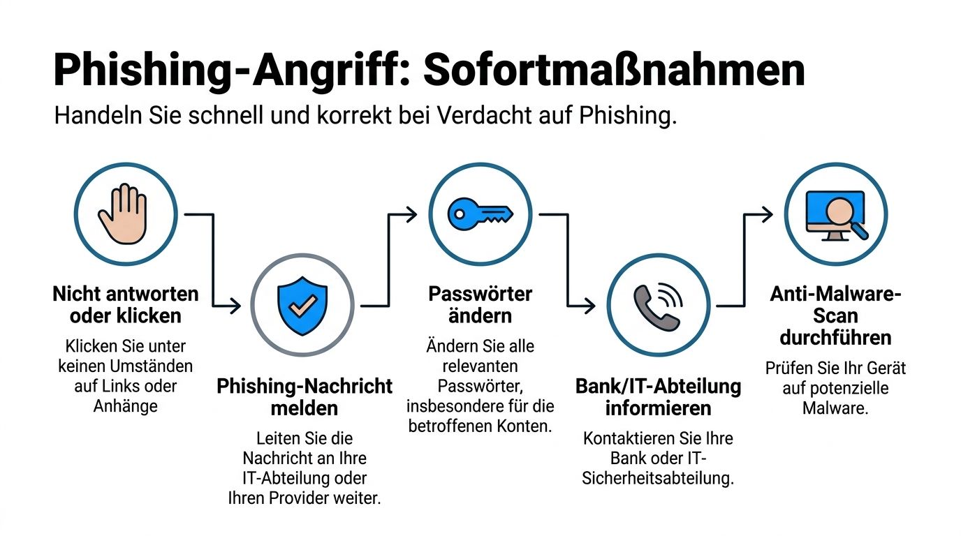 Infografik mit fünf Schritten als Sofortmaßnahmen bei einem Phishing-Angriff zur Sicherheit im Internet.