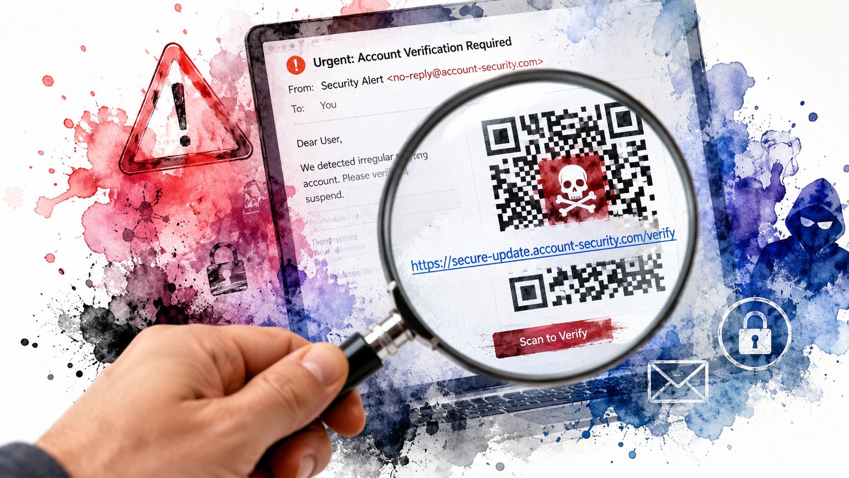 Eine Hand hält eine Lupe über einen Computerbildschirm, der eine gefälschte E-Mail mit QR-Code zeigt.