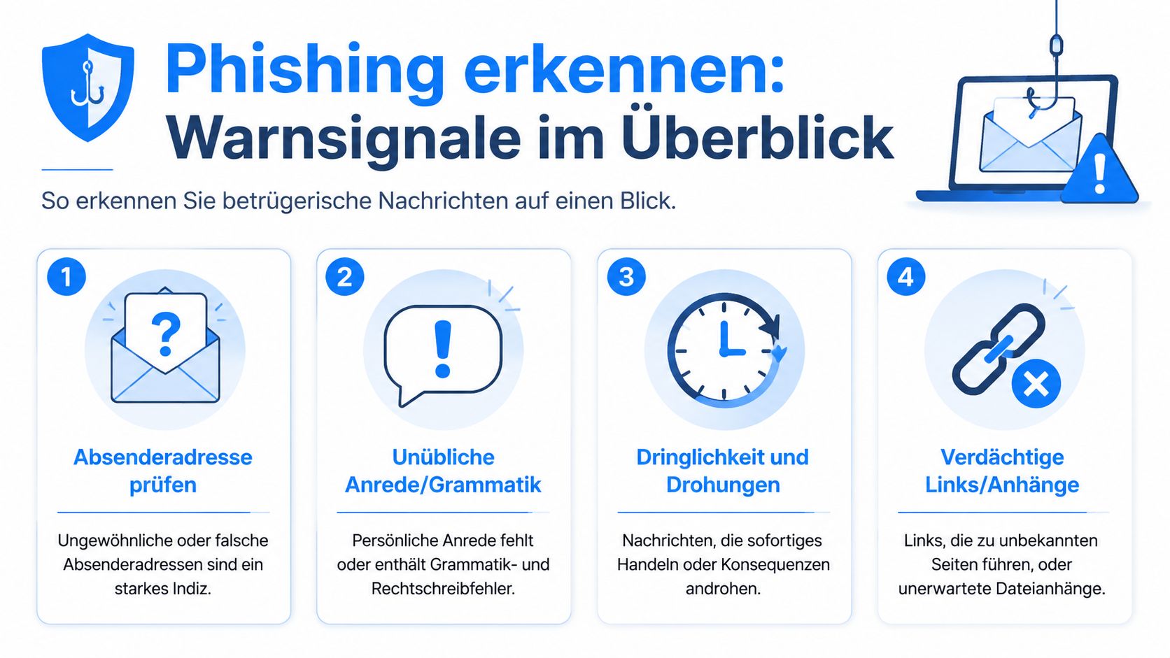 Eine Infografik mit vier Schritten zur Erkennung von Phishing-E-Mails, einschließlich Absenderprüfung und Warnung vor verdächtigen Links.