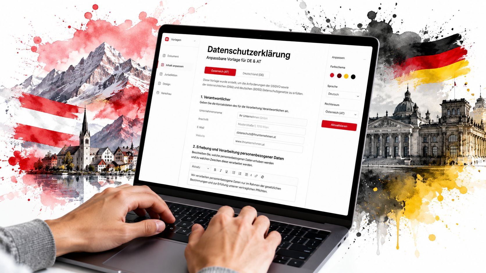 Eine Person bearbeitet am Laptop eine interaktive Vorlage für eine DSGVO-konforme Datenschutzerklärung auf einer Webseite.