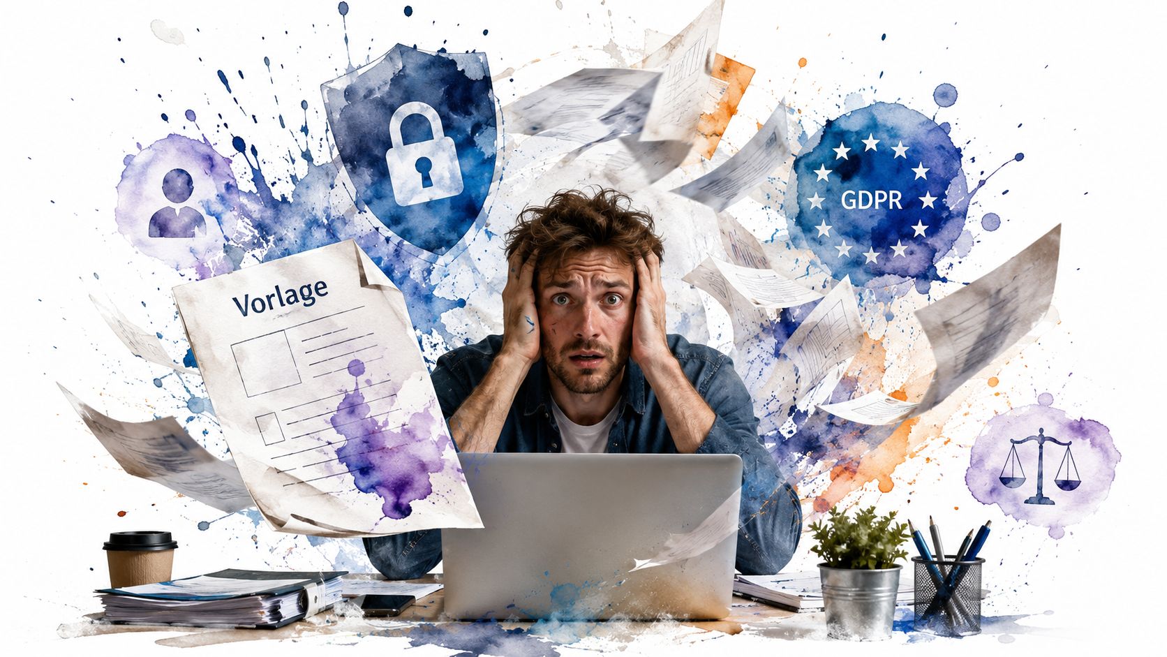 Ein überforderter Mann am Computer, umgeben von Dokumenten, Datenschutz-Symbolen und einer DSGVO-konformen Vorlage vor einem Hintergrund.