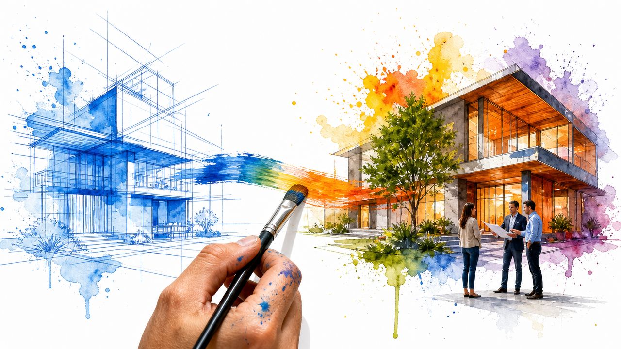 Eine Hand zeichnet ein Haus mit einem Pinsel, der eine Blaupause in ein realistisches Gebäude verwandelt.