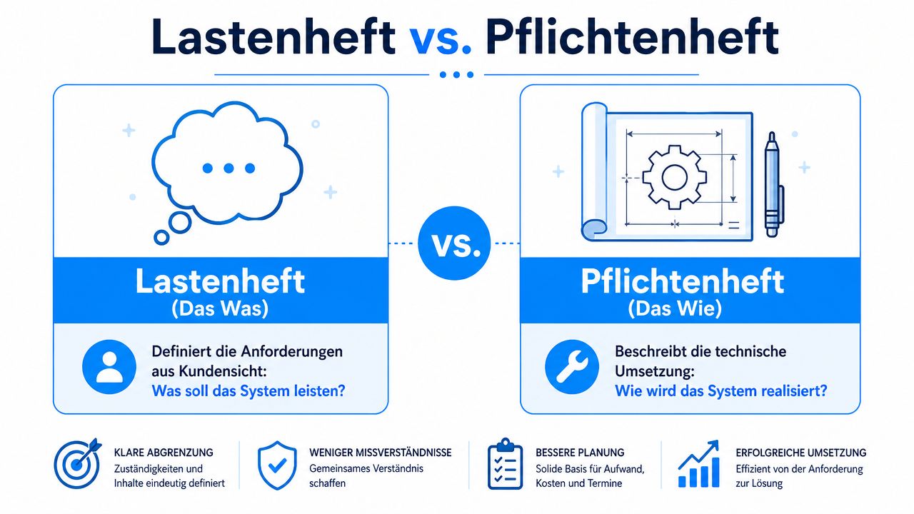 Eine Infografik, die den Unterschied zwischen Lastenheft als Kundenanforderungen und Pflichtenheft als technische Umsetzung gegenüberstellt.