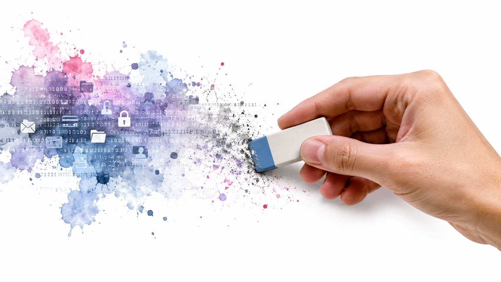 Eine Hand benutzt einen Radiergummi, um digitale Daten und Symbole aus einem farbigen Aquarellhintergrund zu löschen.