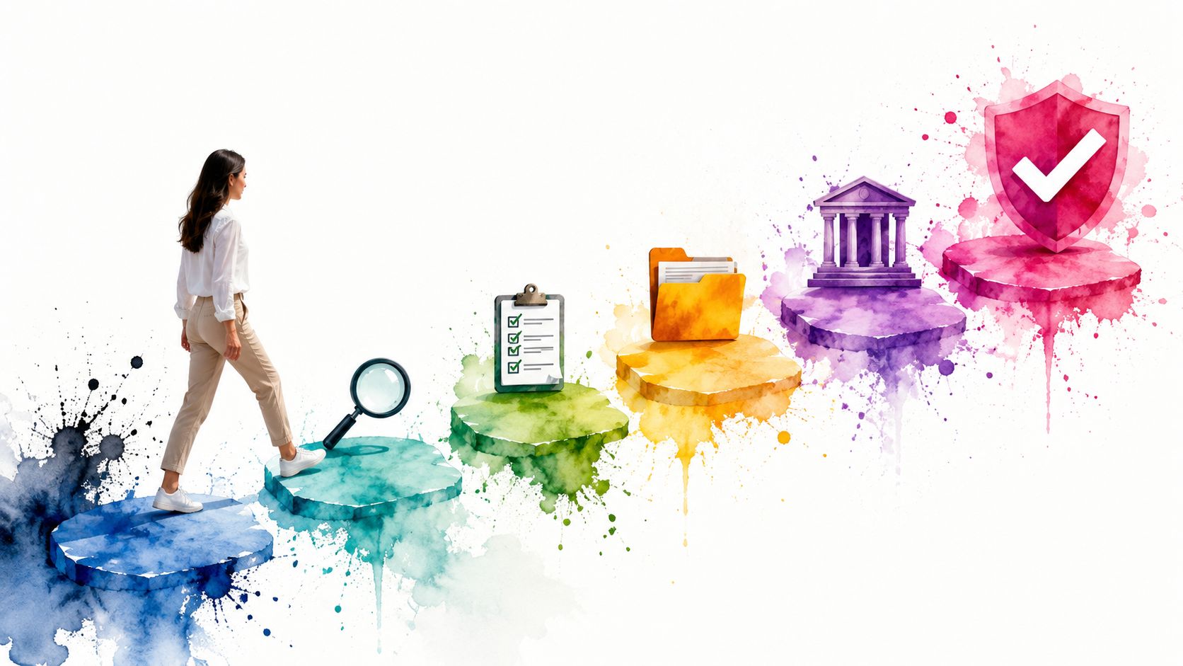 Eine Frau geht auf bunten Aquarell-Stufen zu einem Symbol für Sicherheit und Datenschutz im Internet.
