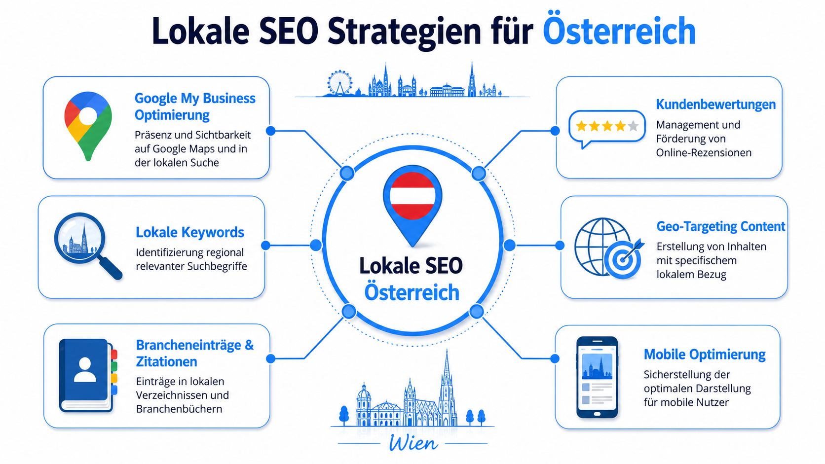 Eine Infografik über effektive Strategien zur lokalen Suchmaschinenoptimierung für Unternehmen in Österreich und Wien.