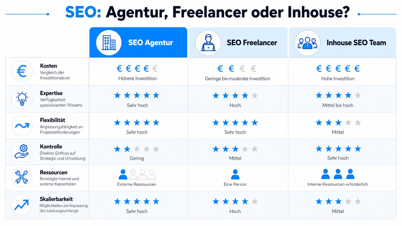 Vergleichstabelle zwischen SEO Agentur, Freelancer und Inhouse Team hinsichtlich Kosten, Expertise, Flexibilität, Kontrolle, Ressourcen und Skalierbarkeit.