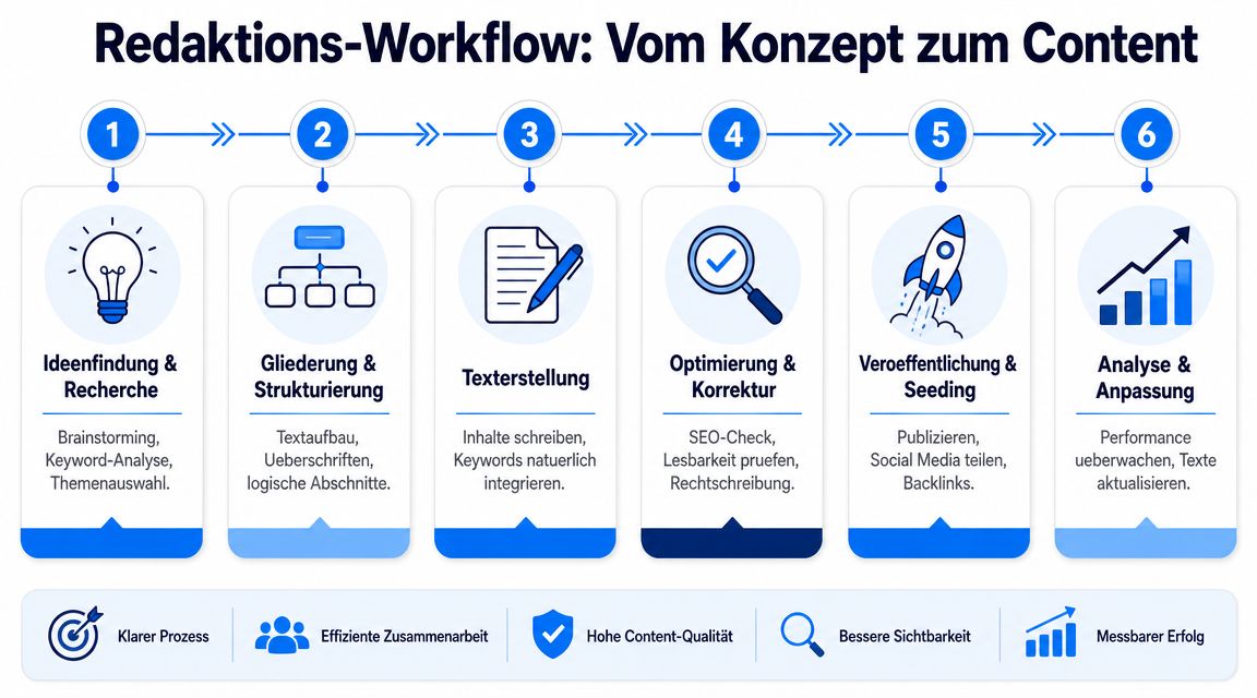 Eine sechsstufige Infografik zum Redaktions-Workflow für die Erstellung und Optimierung von Inhalten vom Konzept bis zum Erfolg.