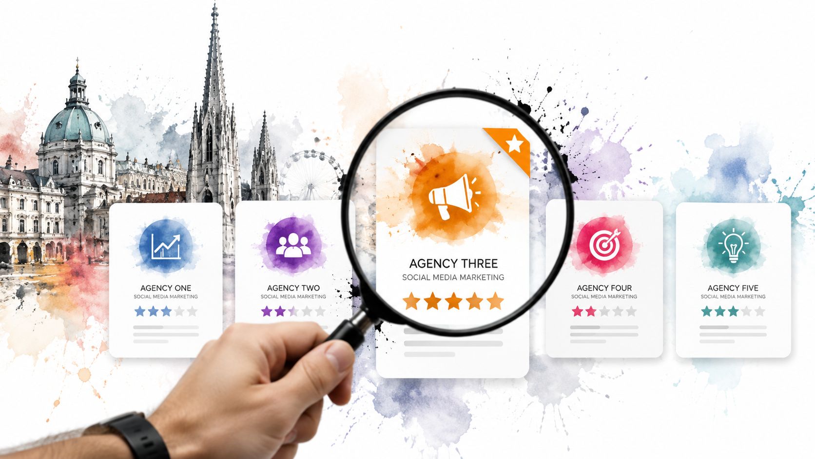 Eine Hand mit einer Lupe vergrößert das Logo der Social Media Marketing Agentur Nummer Drei auf Papier.