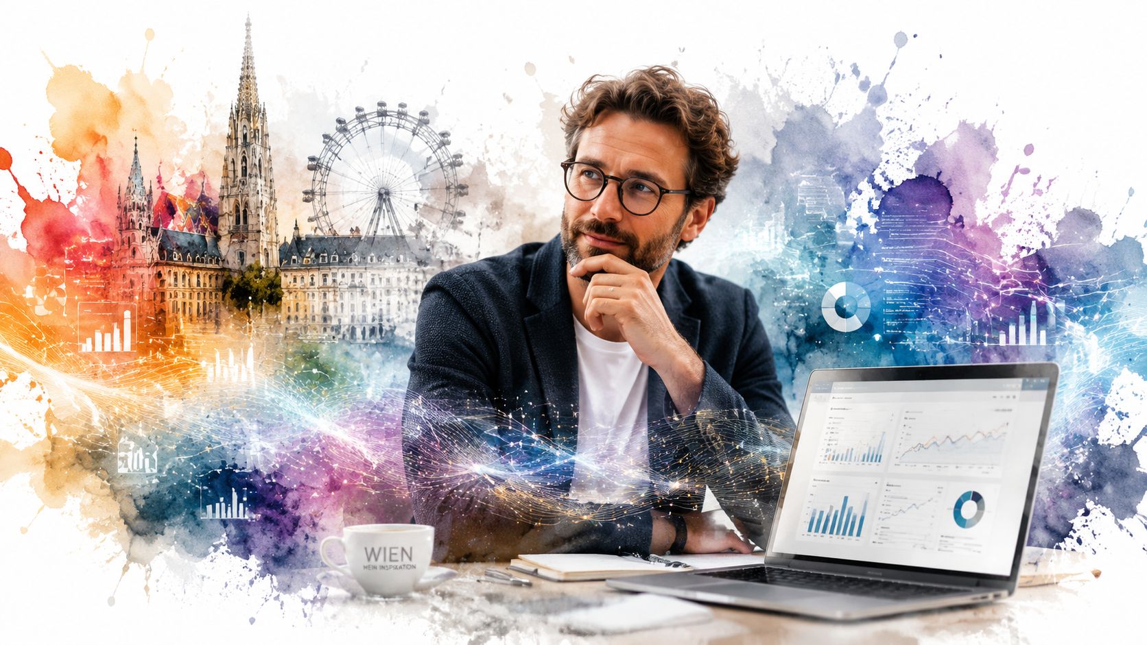 Ein nachdenklicher Geschäftsmann arbeitet vor einer künstlerischen Kulisse von Wien mit digitalen Datenanalysen auf seinem Laptop.