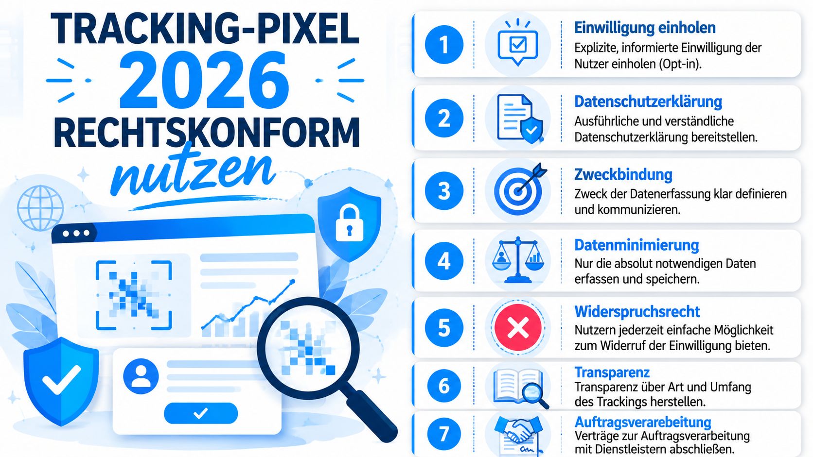 Infografik zeigt sieben wichtige Schritte für die rechtskonforme Nutzung von Tracking-Pixeln gemäß den Datenschutzvorgaben.