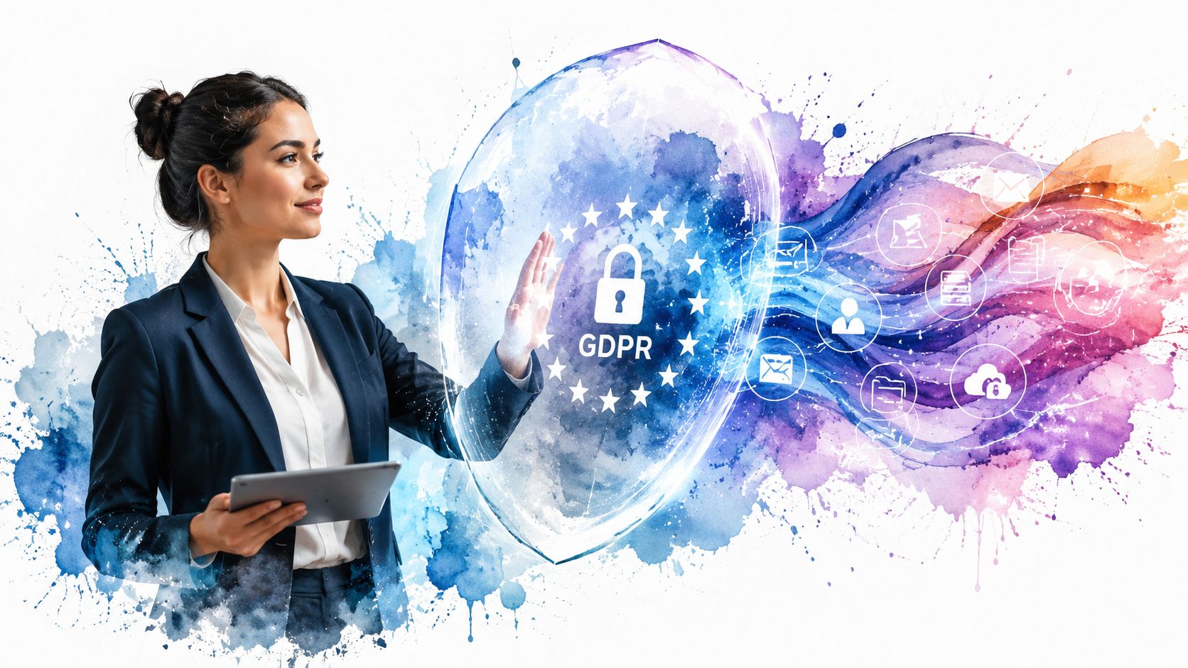 Eine Geschäftsfrau interagiert mit einem digitalen Datenschutzschild zur Einhaltung der DSGVO mit verschiedenen Datensymbolen.