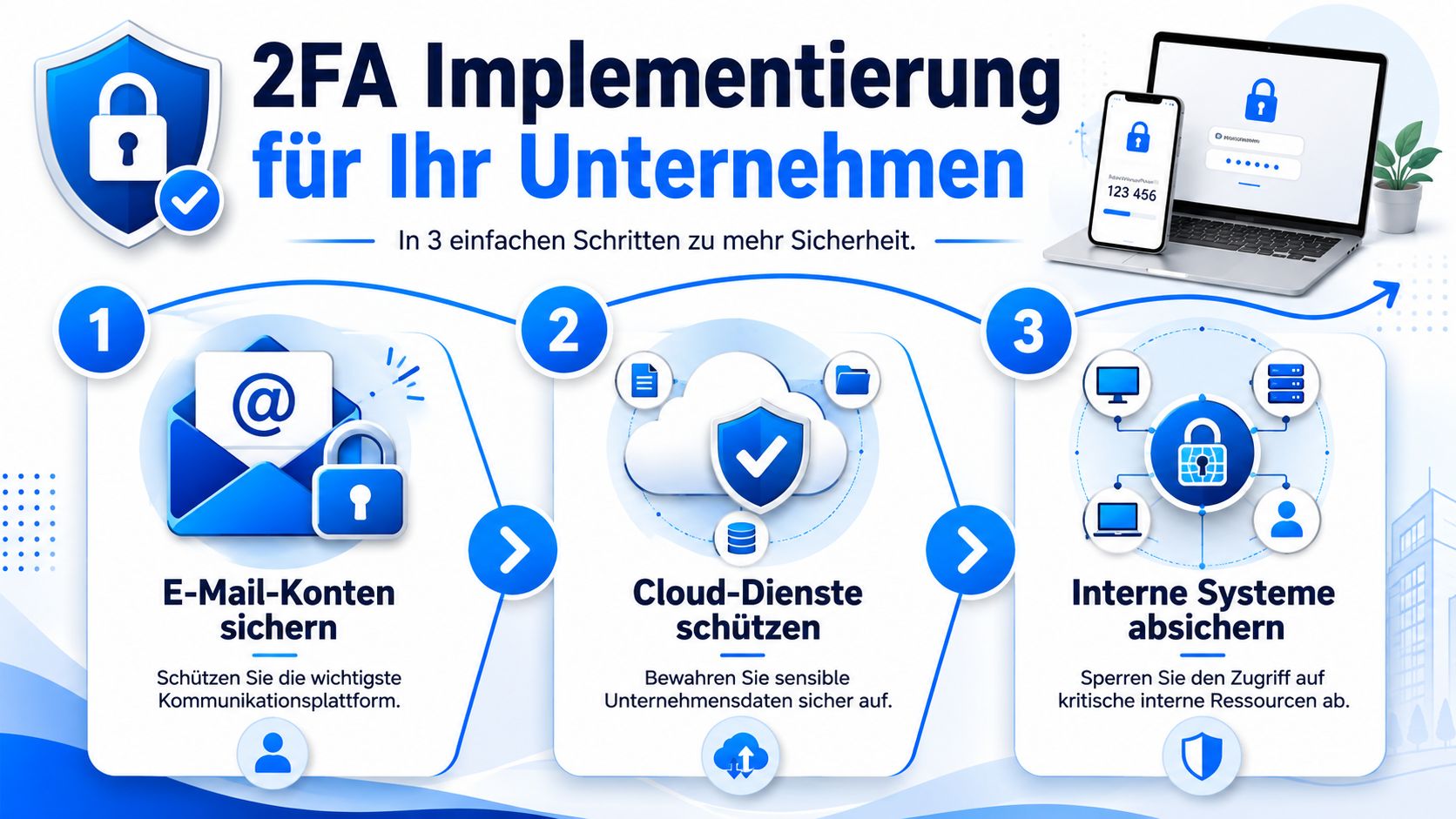 Eine Infografik zur Implementierung der Zwei-Faktor-Authentifizierung für Unternehmen in drei einfachen Schritten für mehr Sicherheit.