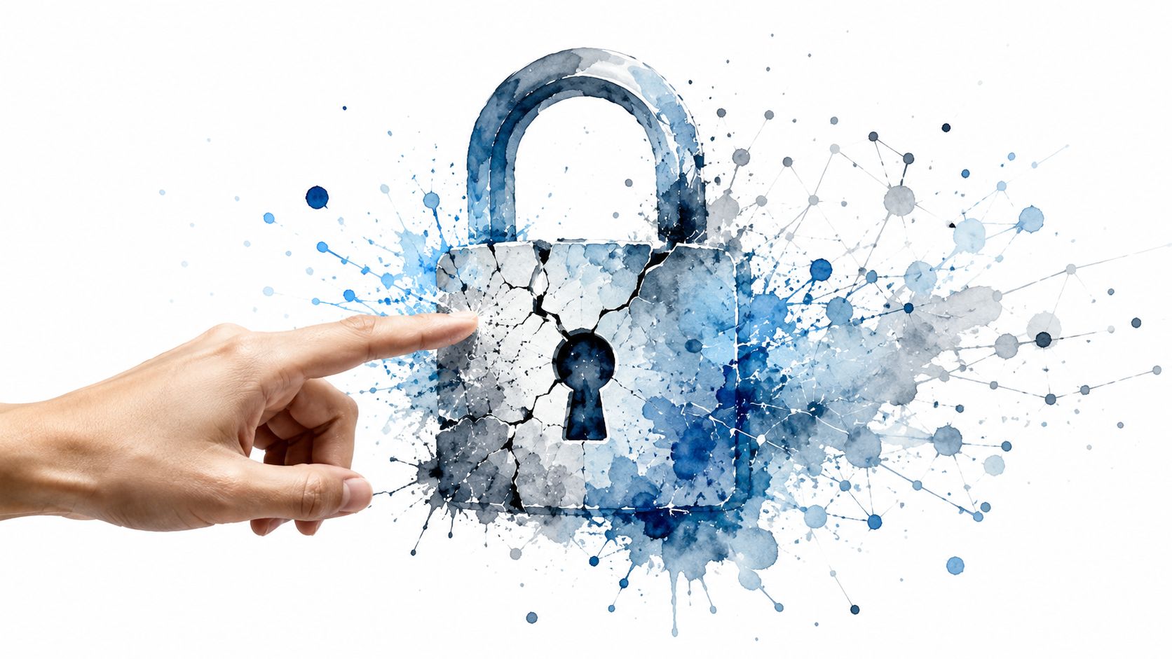 Eine menschliche Hand berührt ein zerbrechendes Vorhängeschloss, das digitale Netzwerkverbindungen und Sicherheitsrisiken symbolisiert.