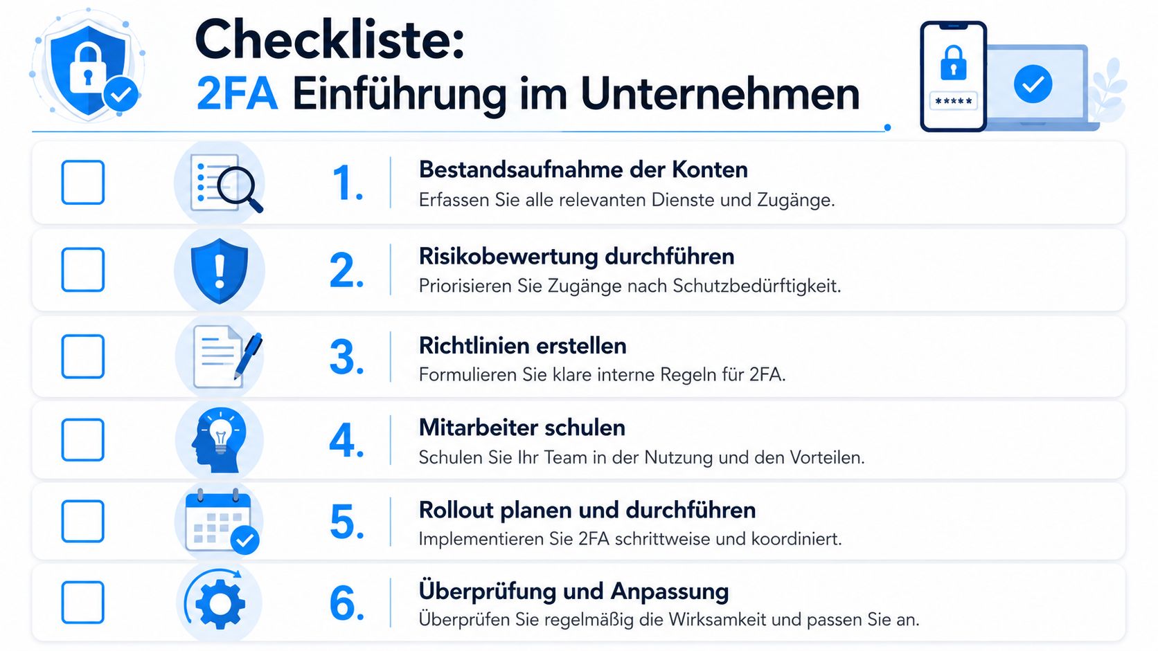 Eine Checkliste für Unternehmen zur Einführung der Zwei-Faktor-Authentifizierung mit sechs praktischen Schritten für mehr Sicherheit.