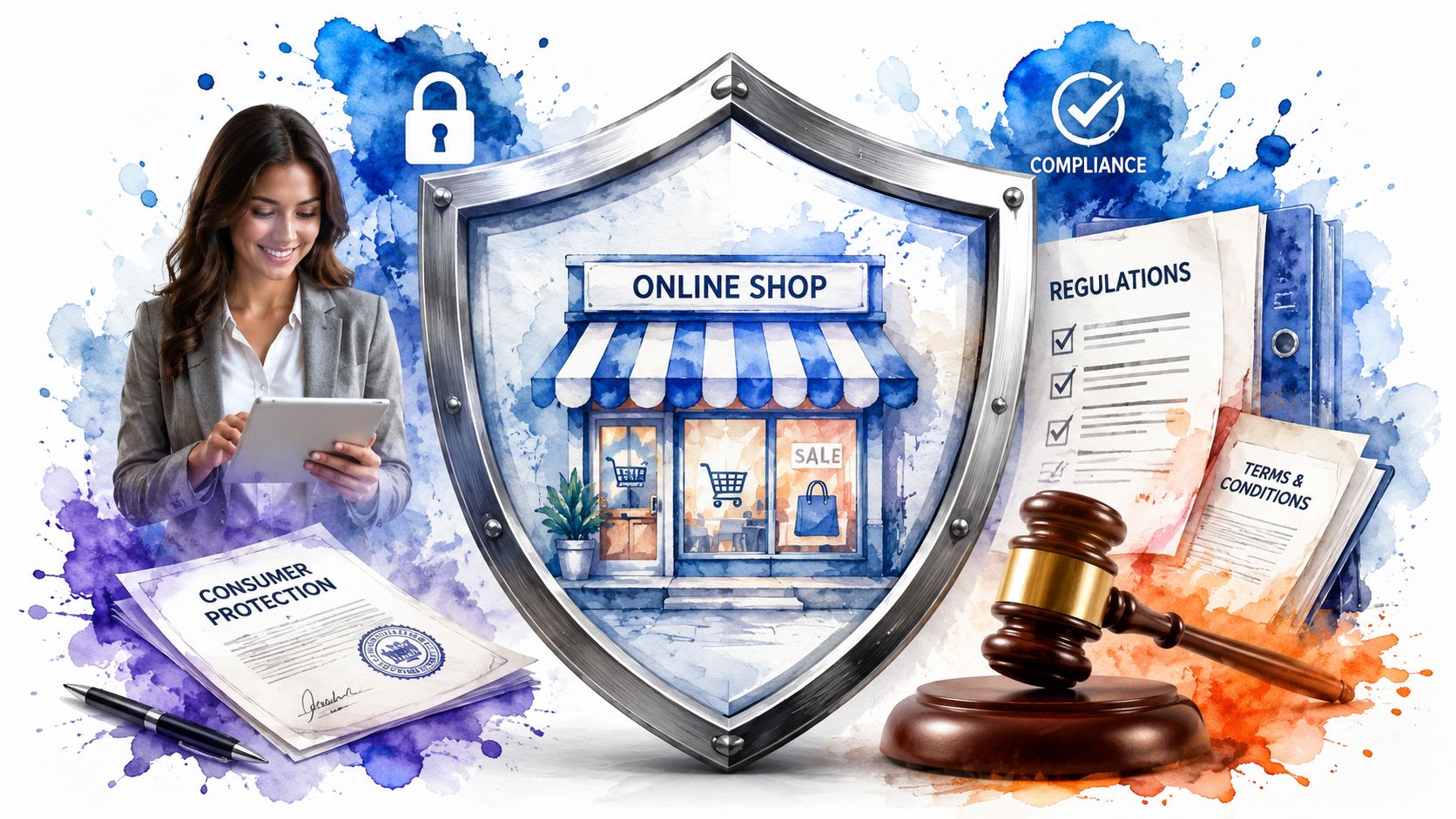 Eine Geschäftsfrau mit Tablet neben einem Schild mit Online-Shop, Verbraucherschutz, rechtlichen Regelungen und einem Hammer.