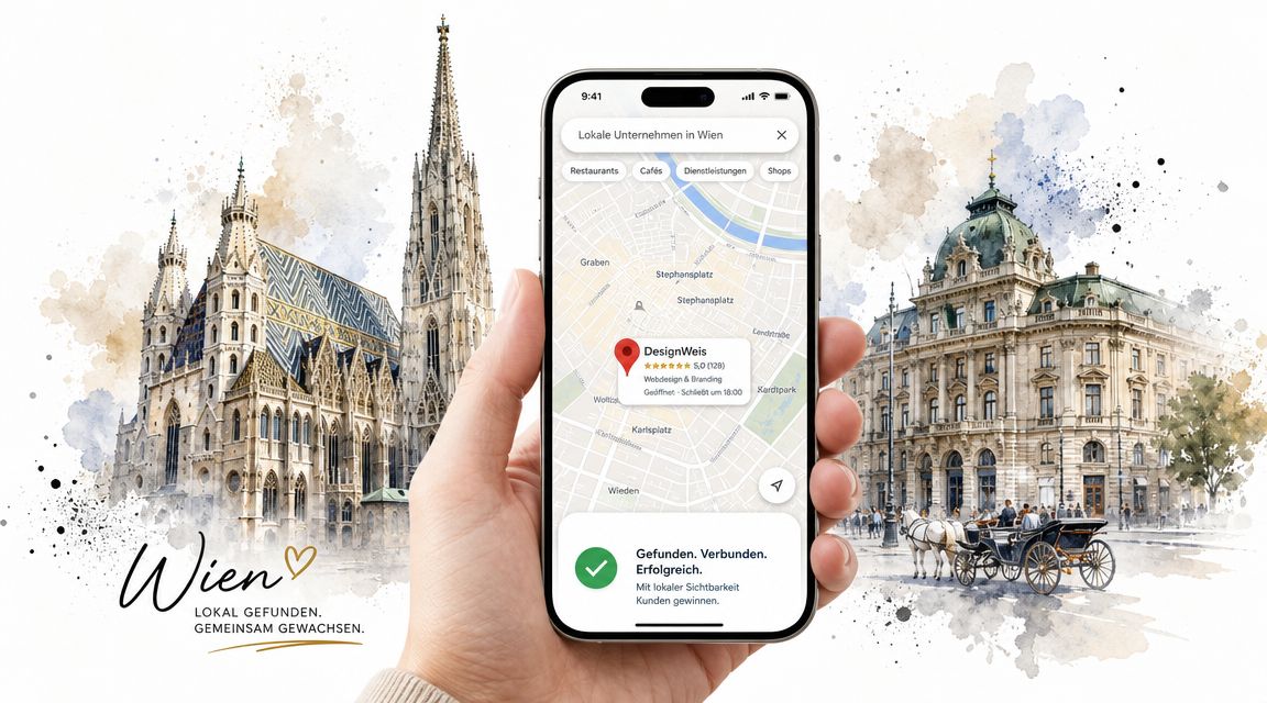 Eine Hand hält ein Smartphone mit einer Karten-App vor dem Wiener Stephansdom für lokale Suchmaschinenoptimierung.