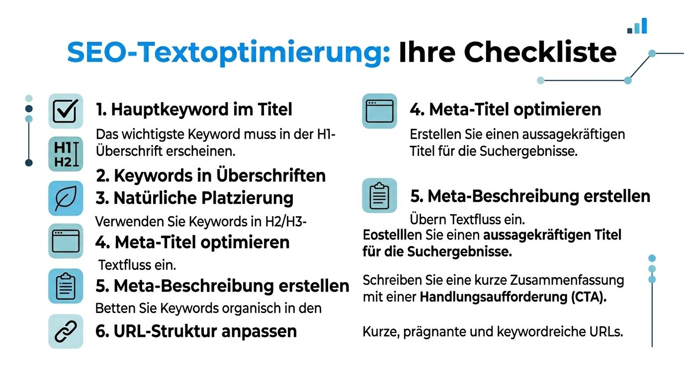 Eine strukturierte Checkliste zur SEO-Textoptimierung mit sechs wichtigen Schritten für erfolgreiche Suchmaschinenoptimierung von Inhalten.