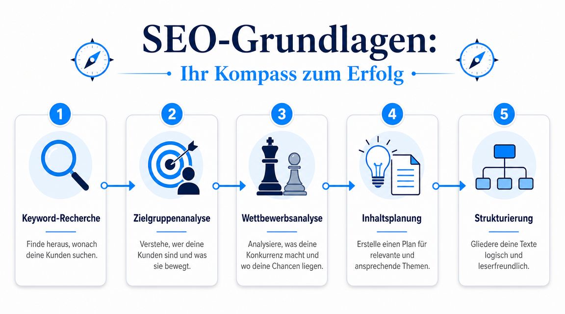 Grafik zur SEO-Grundlagen mit fünf Schritten für den Erfolg bei der Suchmaschinenoptimierung und Texterstellung.