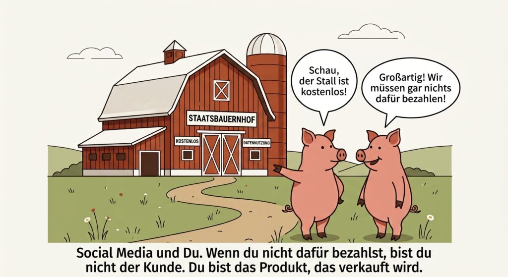 Minimalistische Karikatur zum Thema Datenschutz: Zwei Schweine freuen sich über einen kostenlosen Stall (Staatsbauernhof), während eine Bildunterschrift erklärt, dass man bei kostenlosen Social-Media-Diensten selbst das Produkt ist.